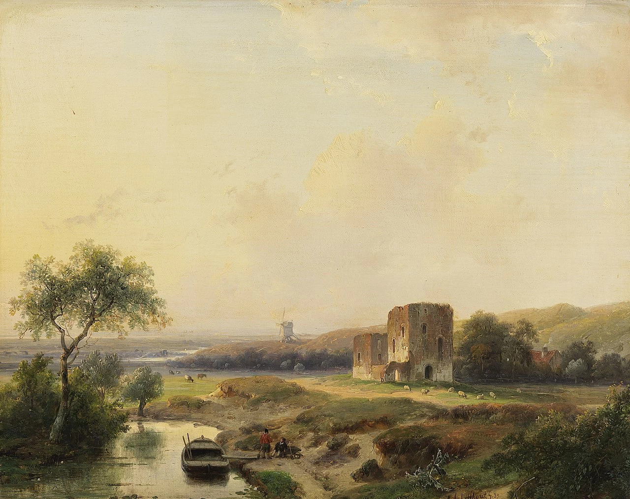 Paesaggio fluviale vicino ad Haarlem con mulino a vento e rovine di Brederode
